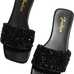 Glitter Sandals Women Rhinestone Open Toe Casual Slip-On Flat Shoes